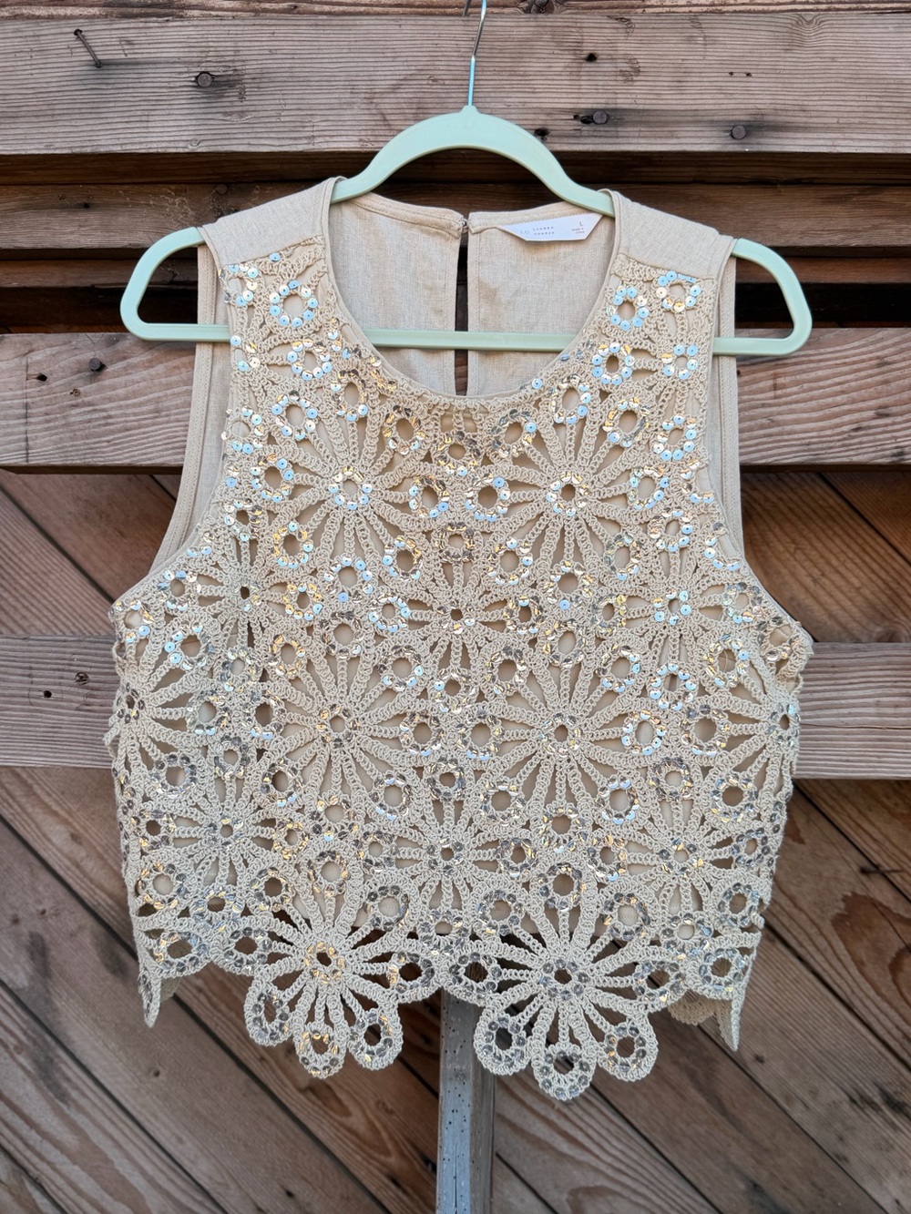 LC Lauren Conrad Cream Crochet Sequin Floral Tank